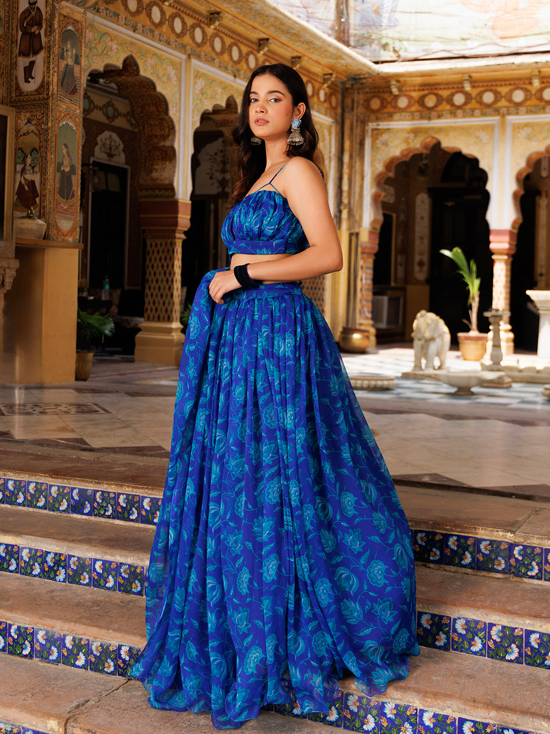Lapis Blue Floral Printed Chiffon Lehenga Set