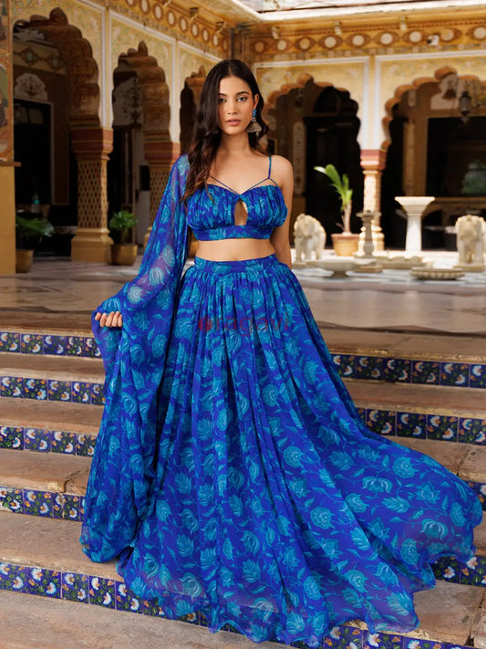 Lapis Blue Floral Printed Chiffon Lehenga Set - Ragavi