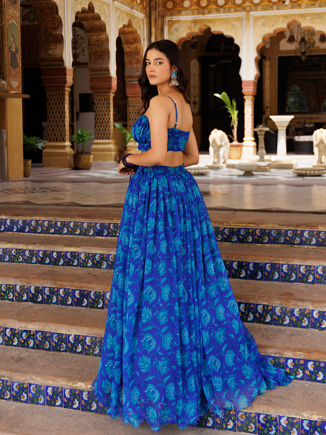 Lapis Blue Floral Printed Chiffon Lehenga Set