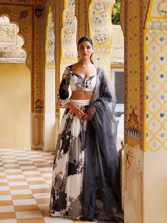 Black and White Floral Printed Lehenga Set - Ragavi