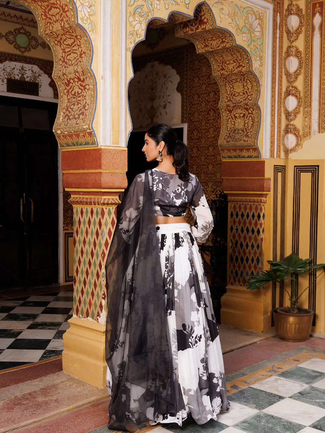 Black and White Floral Printed Lehenga Set - Ragavi