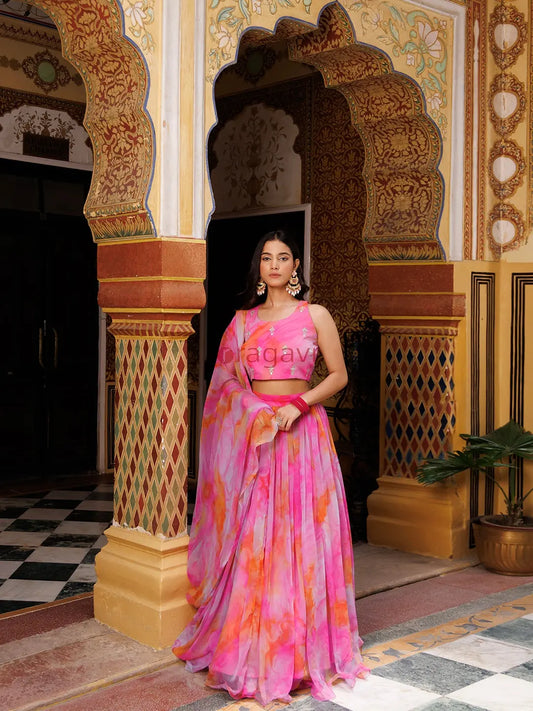 Raspberry Pink Chiffon Lehenga Set - Ragavi