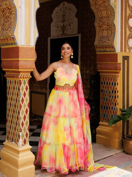 Lemondrop Yellow Pink Chiffon Lehenga Set - Ragavi