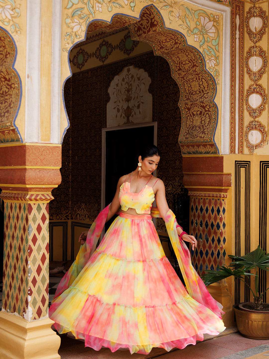 Lemondrop Yellow Pink Chiffon Lehenga Set