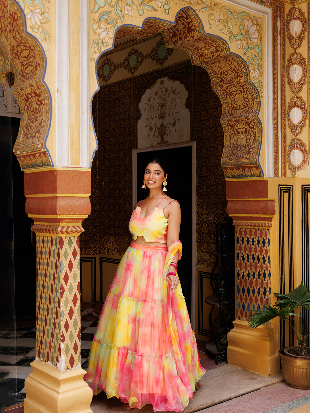 Lemondrop Yellow Pink Chiffon Lehenga Set