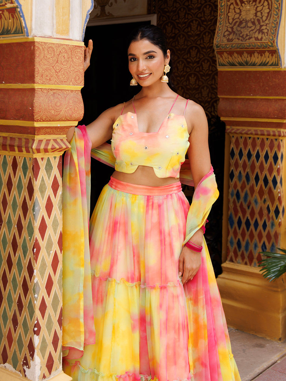 Lemondrop Yellow Pink Chiffon Lehenga Set