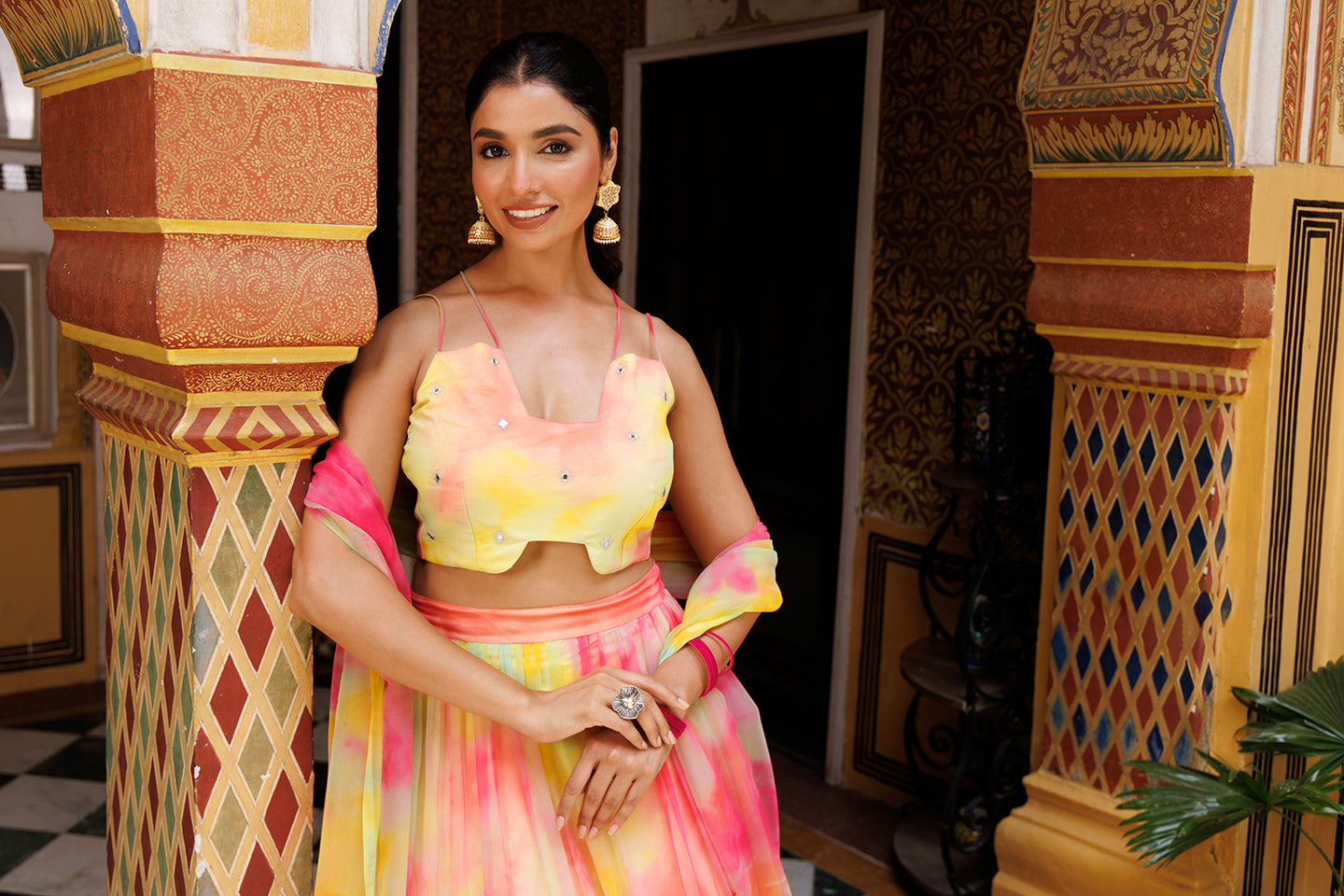 Lemondrop Yellow Pink Chiffon Lehenga Set