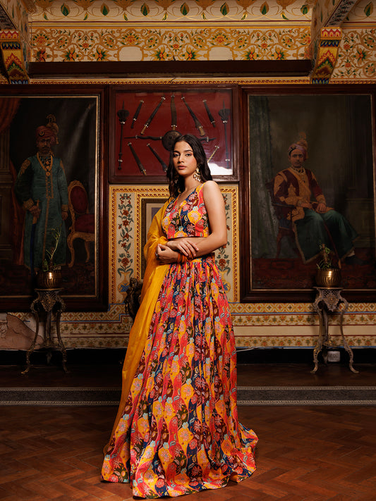 Mustard Floral Printed Chinon Lehenga