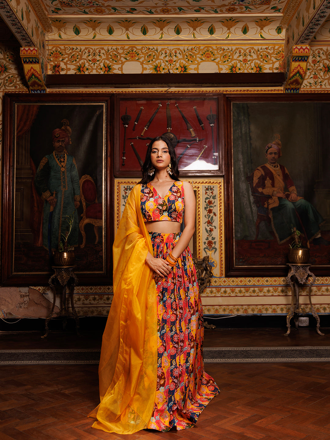 Mustard Floral Printed Chinon Lehenga