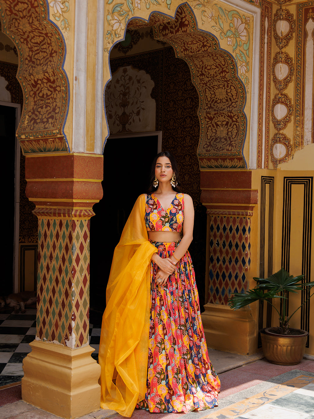 Mustard Floral Printed Chinon Lehenga