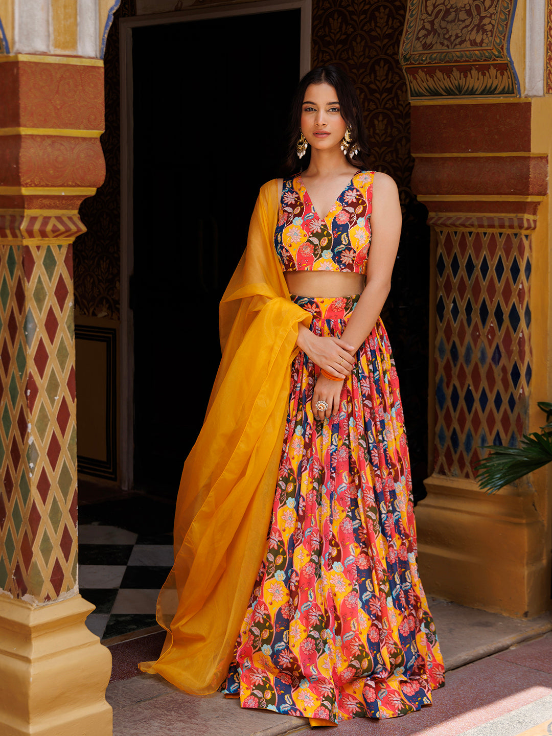 Mustard Floral Printed Chinon Lehenga