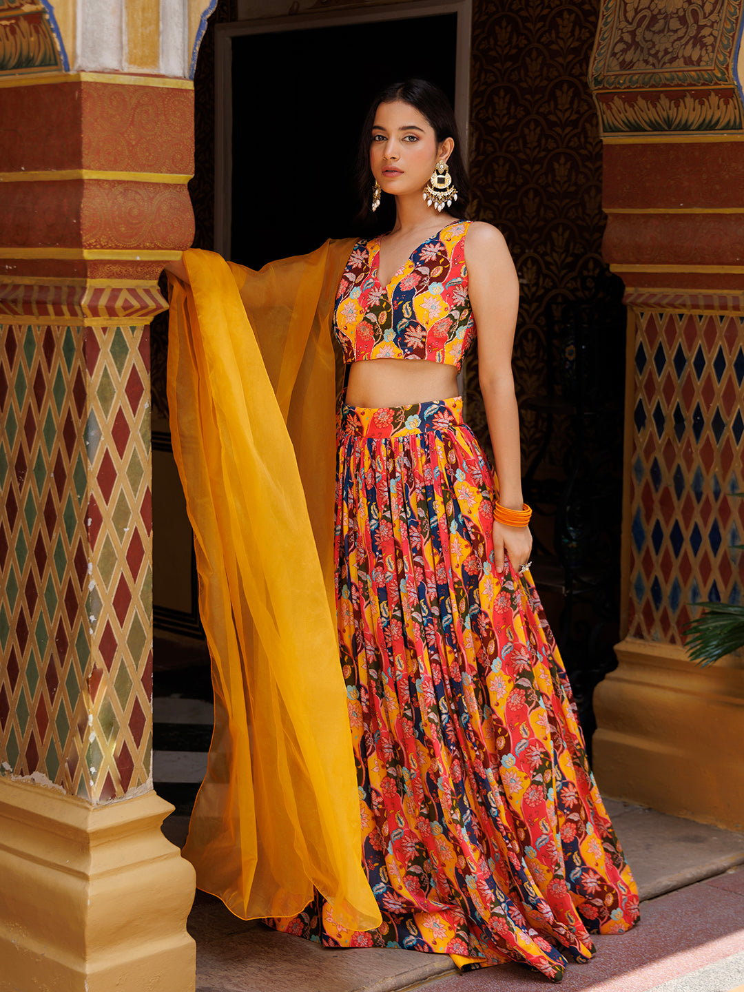 Mustard Floral Printed Chinon Lehenga