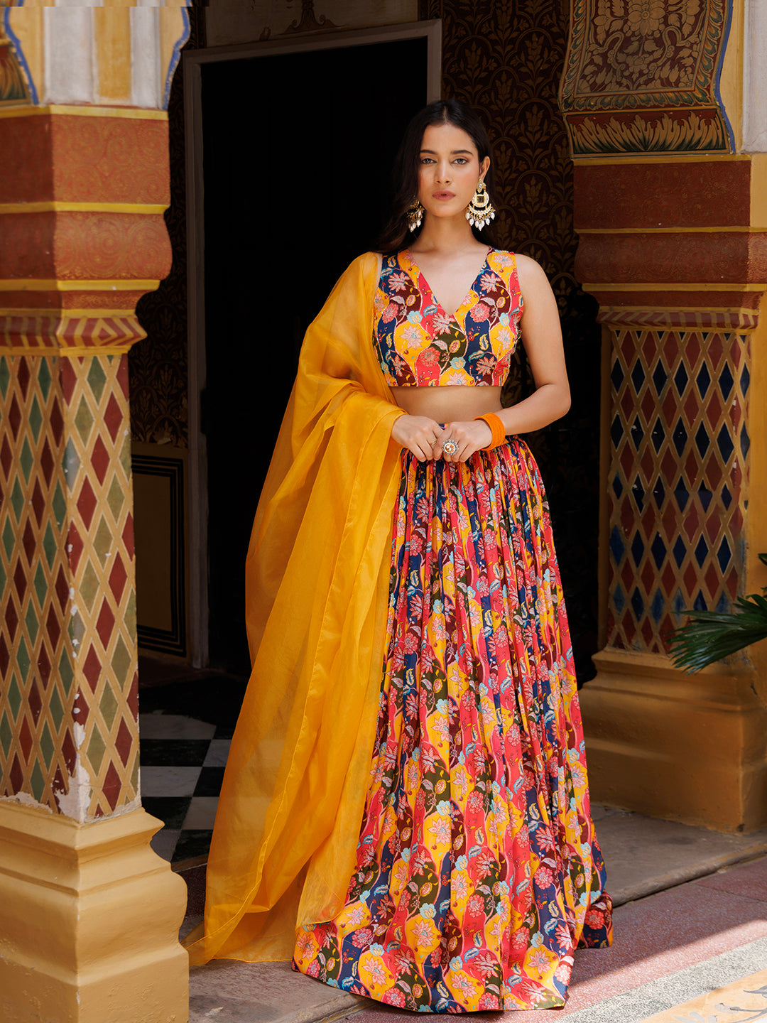 Mustard Floral Printed Chinon Lehenga