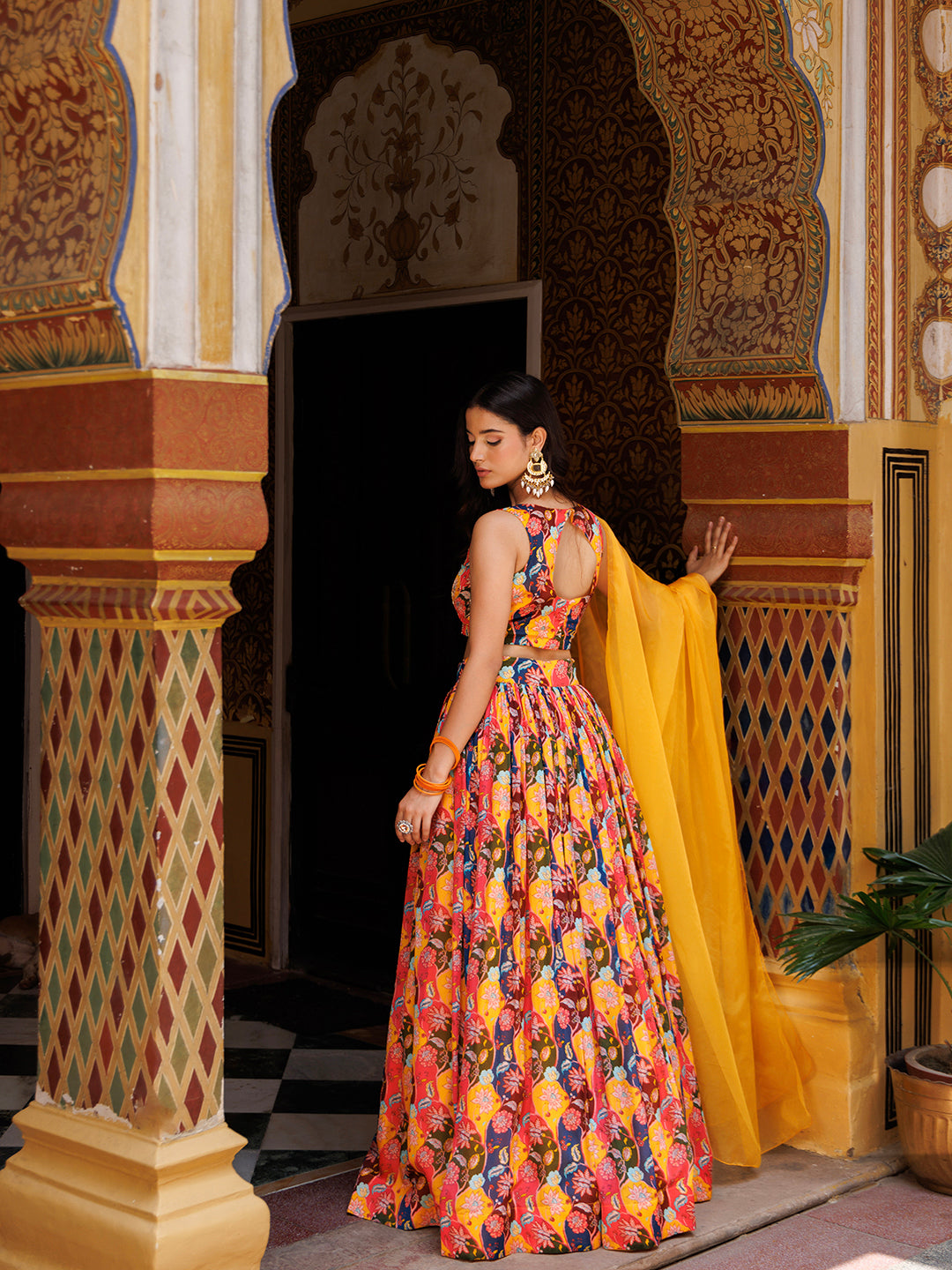 Mustard Floral Printed Chinon Lehenga