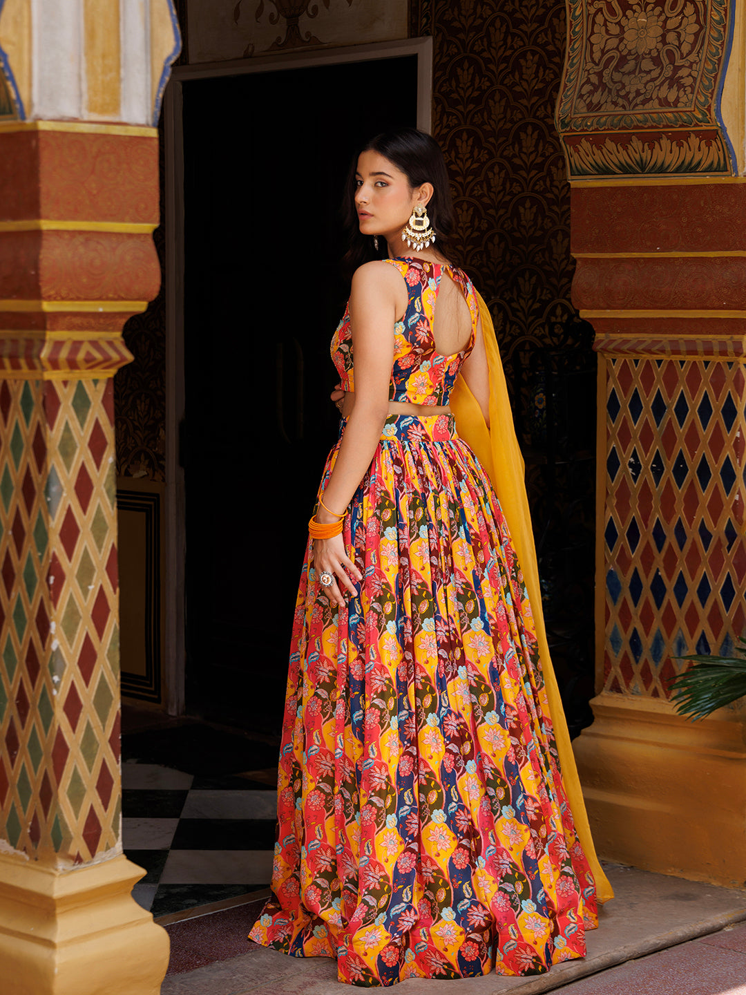 Mustard Floral Printed Chinon Lehenga