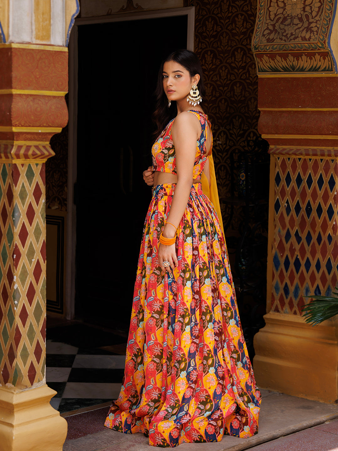 Mustard Floral Printed Chinon Lehenga