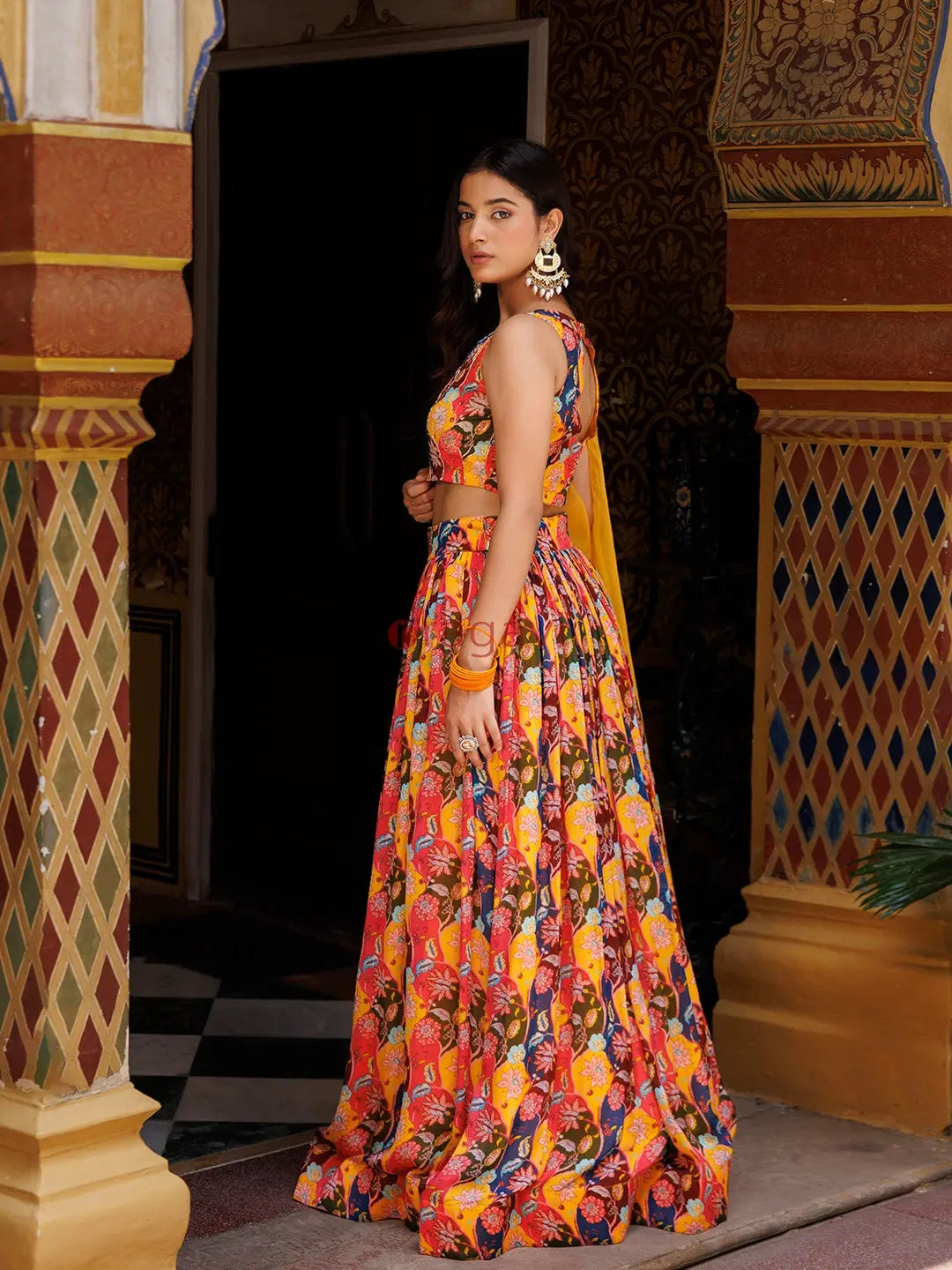 Mustard Floral Printed Chinon Lehenga - Ragavi