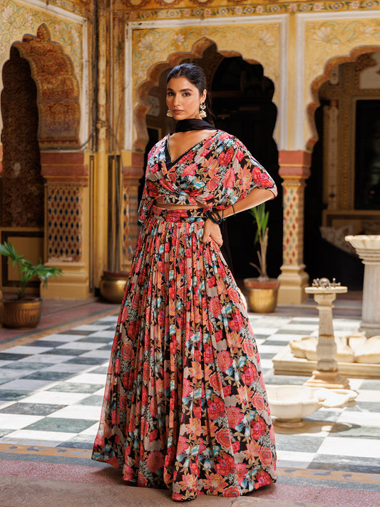 Black Floral Printed Chinon Lehenga