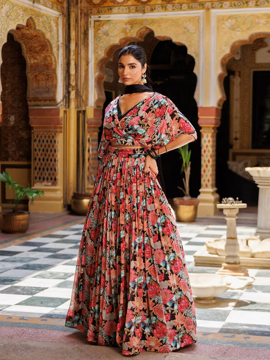 Black Floral Printed Chinon Lehenga - Ragavi