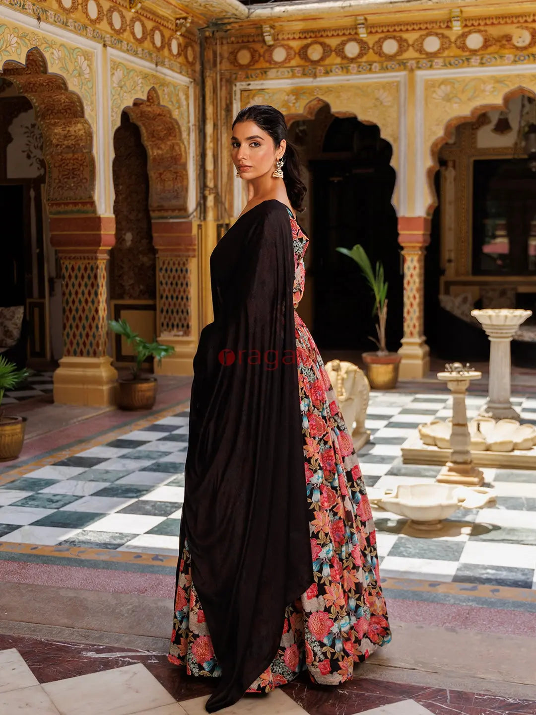 Black Floral Printed Chinon Lehenga - Ragavi