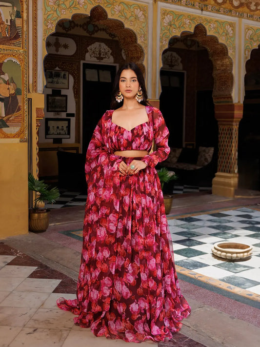 Magenta Haze Floral Printed Chiffon Lehenga Set - Ragavi