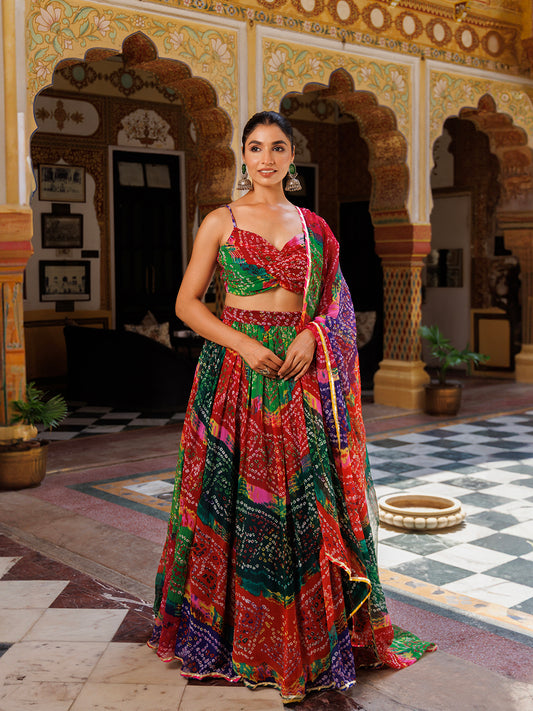 Pachranga Leheriya Floral Printed Chiffon Lehenga Set