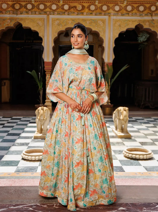 Mint Floral Printed Pure Chinon Lehenga - Ragavi