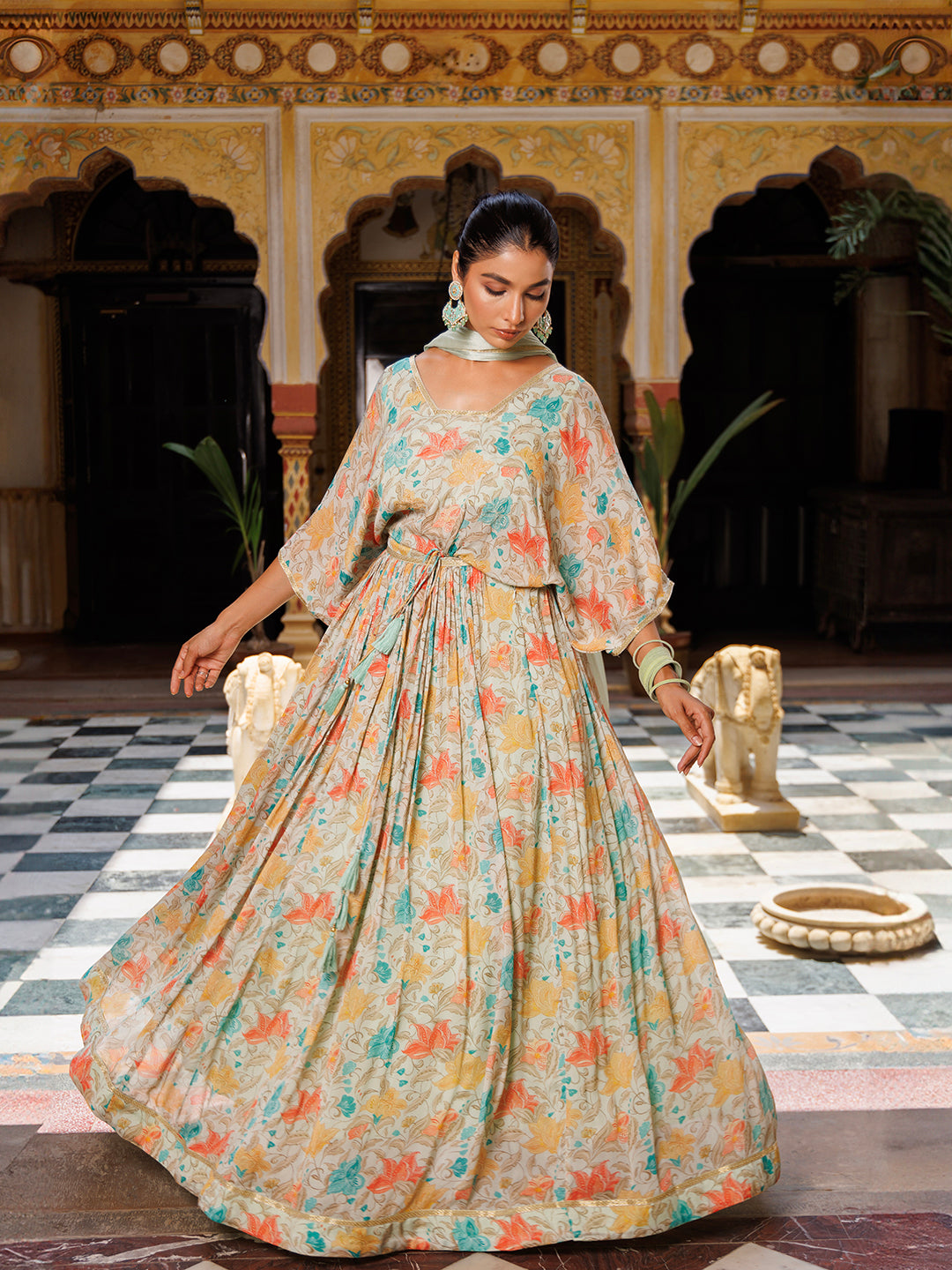 Mint Floral Printed Pure Chinon Lehenga