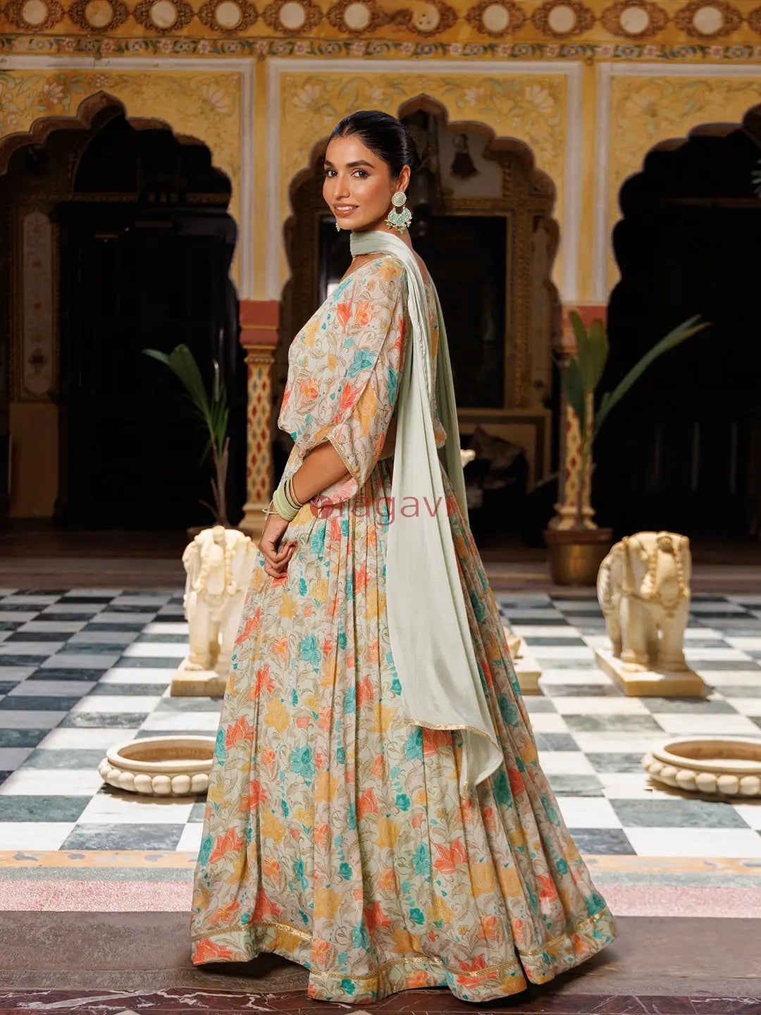 Mint Floral Printed Pure Chinon Lehenga - Ragavi