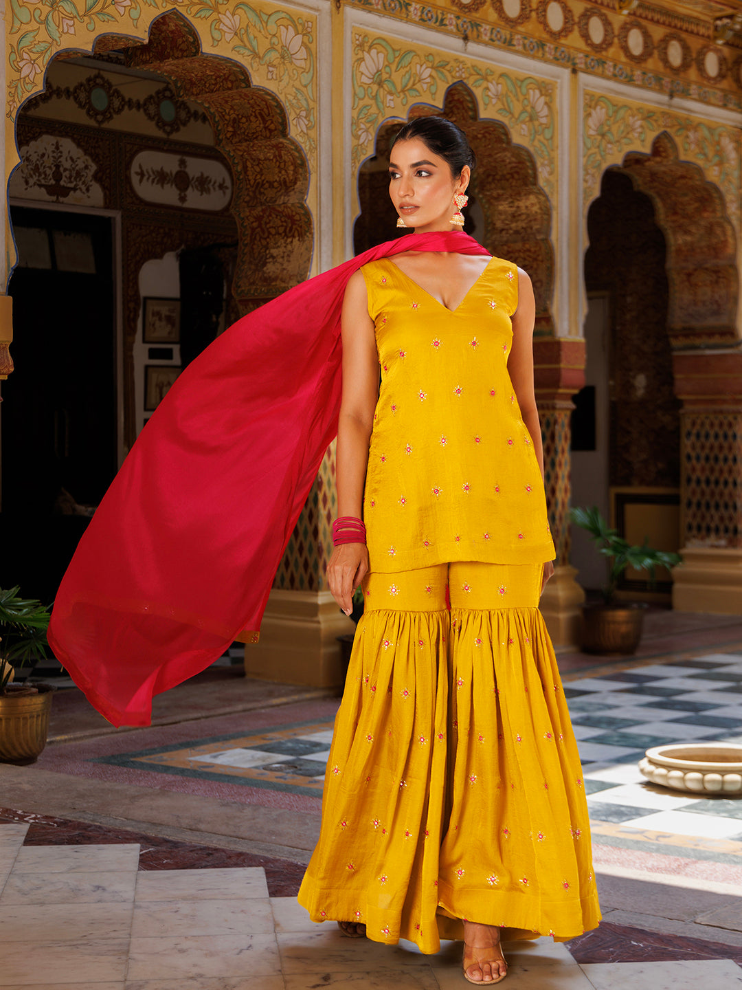 Bumblebee Yellow Pink Embroidered Sharara Set