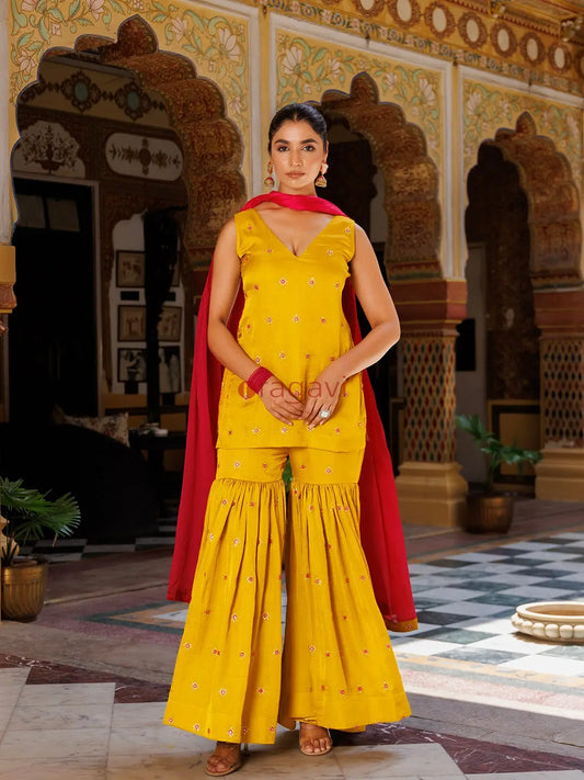 Bumblebee Yellow Pink Embroidered Sharara Set - Ragavi