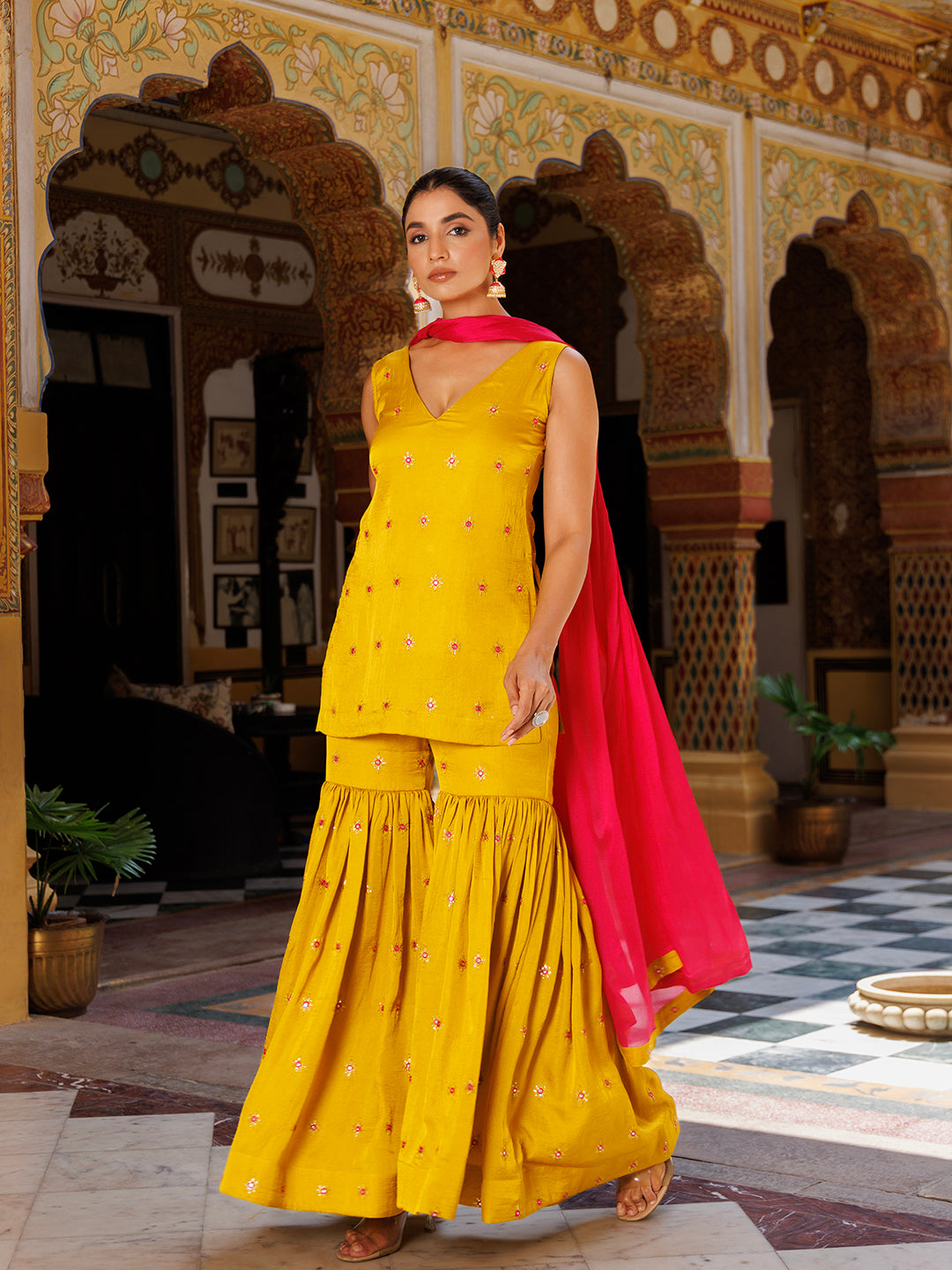 Bumblebee Yellow Pink Embroidered Sharara Set