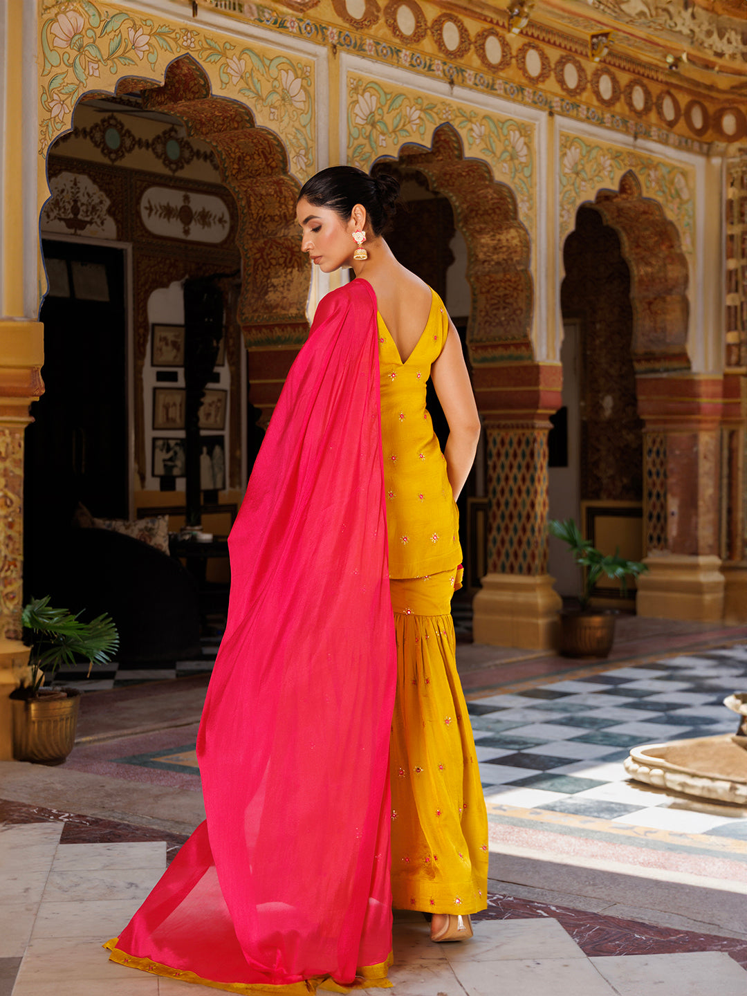 Bumblebee Yellow Pink Embroidered Sharara Set