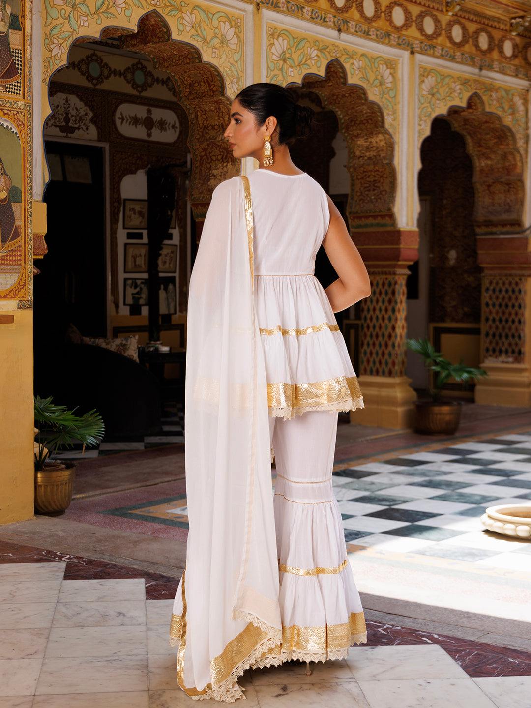 Cannoli Cream White Cotton Gotawork Sharara Set