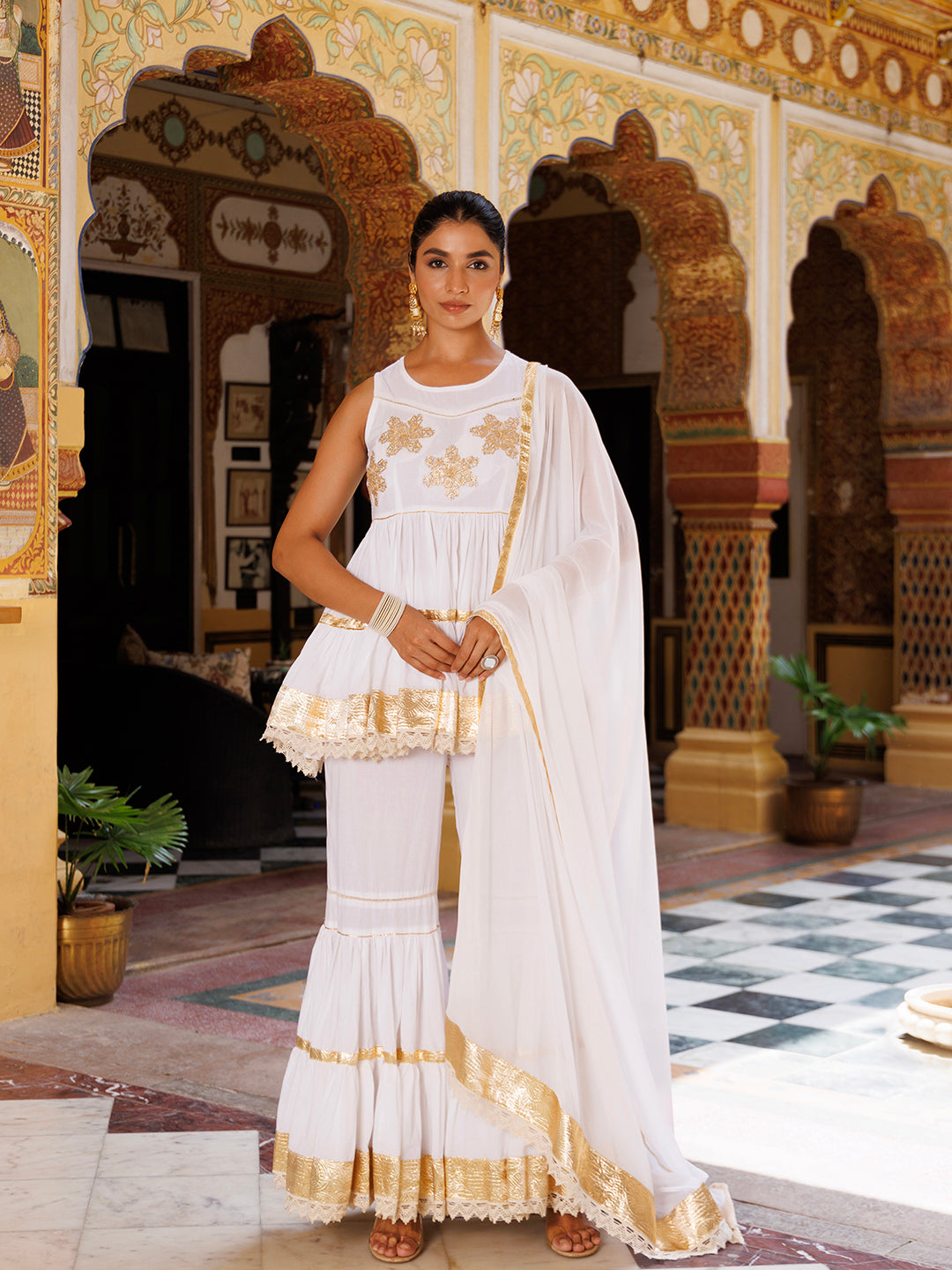 Cannoli Cream White Cotton Gotawork Sharara Set