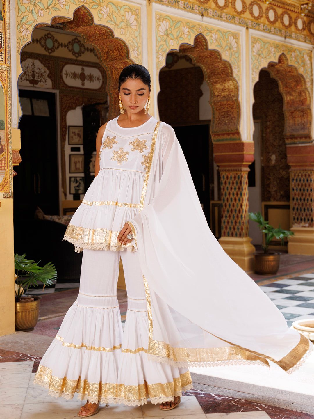 Cannoli Cream White Cotton Gotawork Sharara Set