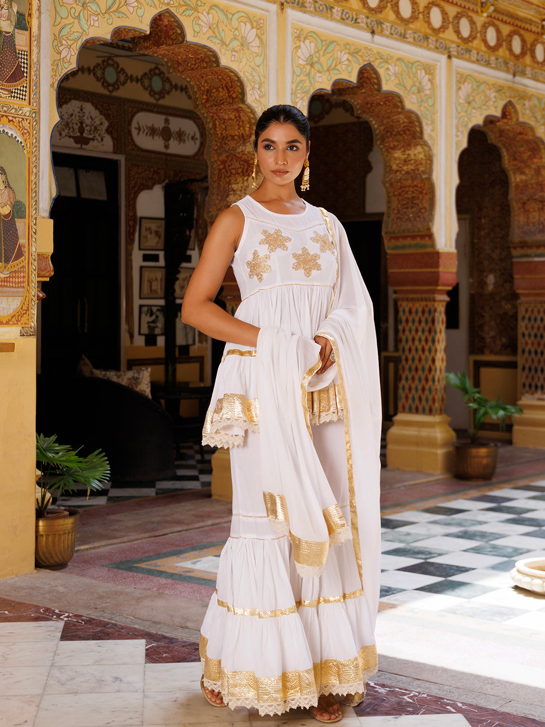 Cannoli Cream White Cotton Gotawork Sharara Set