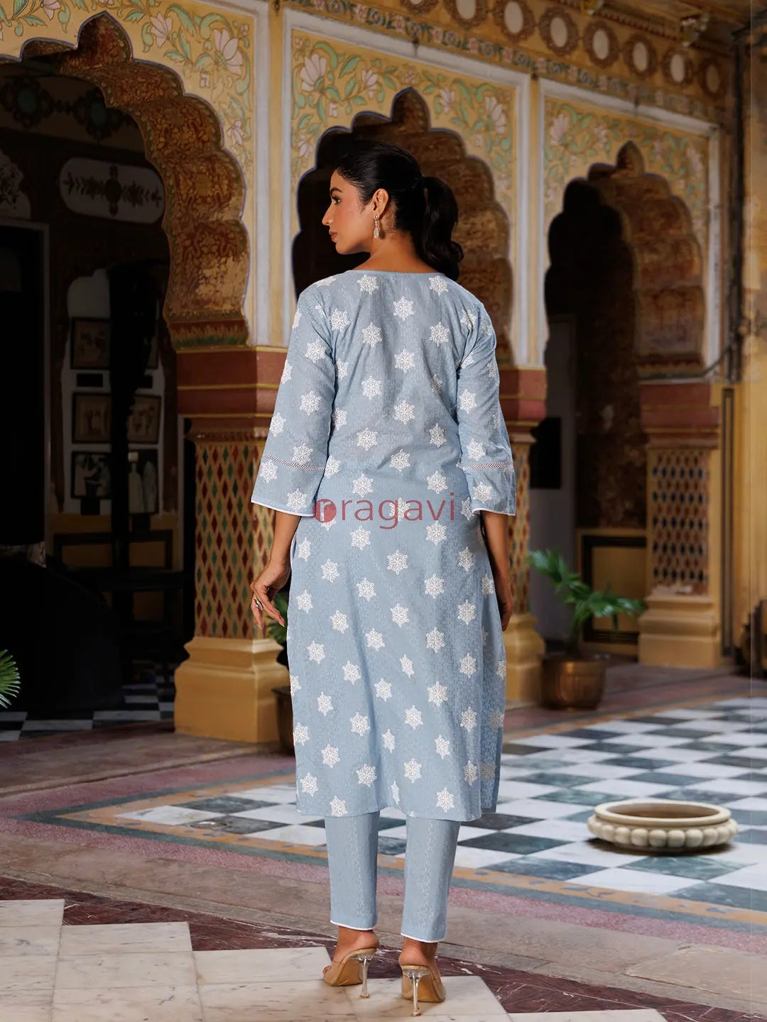 Ice Melt Blue Cotton Embroidered Kurta Set - Ragavi