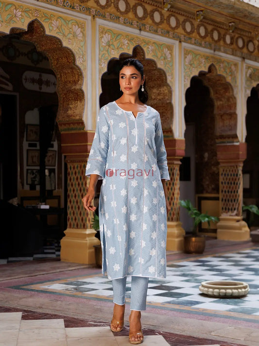 Ice Melt Blue Cotton Embroidered Kurta Set - Ragavi