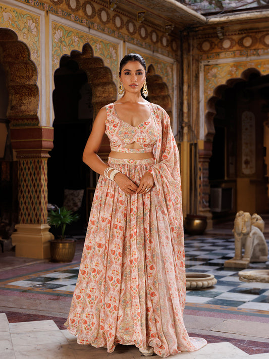 Off White Floral Printed Chinon Lehenga