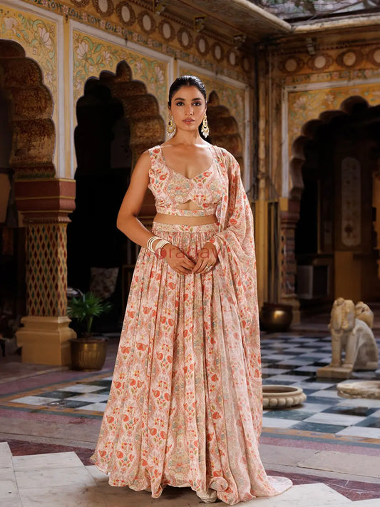 Off White Floral Printed Chinon Lehenga - Ragavi