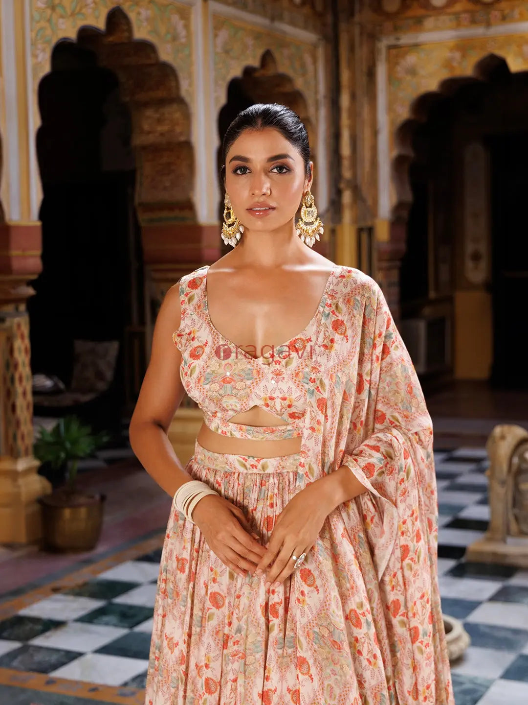 Off White Floral Printed Chinon Lehenga - Ragavi
