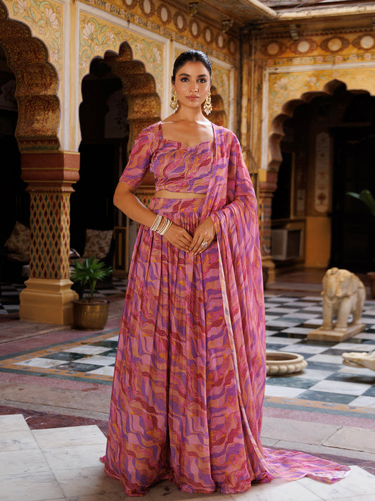 Purple Printed Chinon Lehenga
