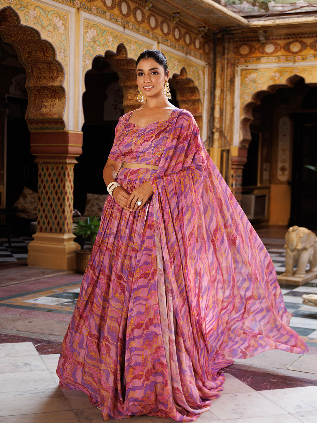 Purple Printed Chinon Lehenga