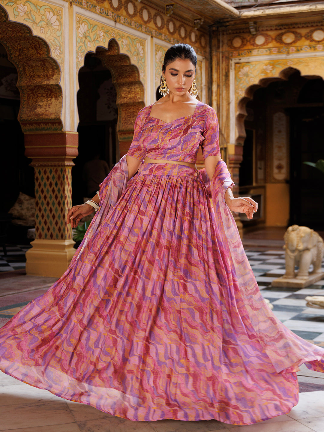 Purple Printed Chinon Lehenga