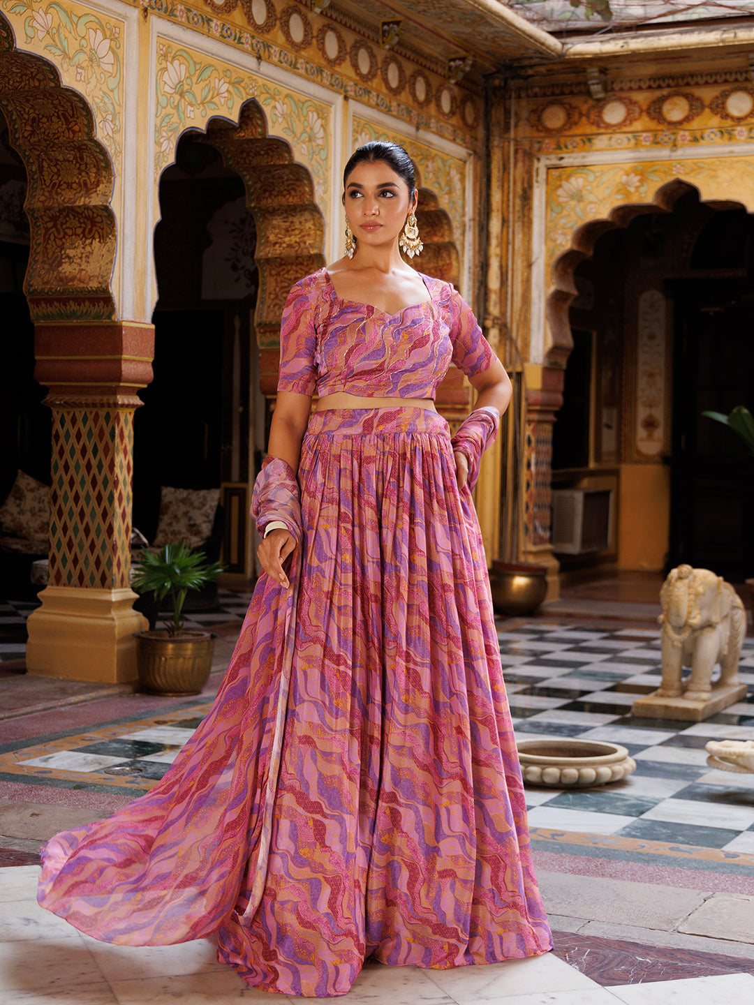 Purple Printed Chinon Lehenga