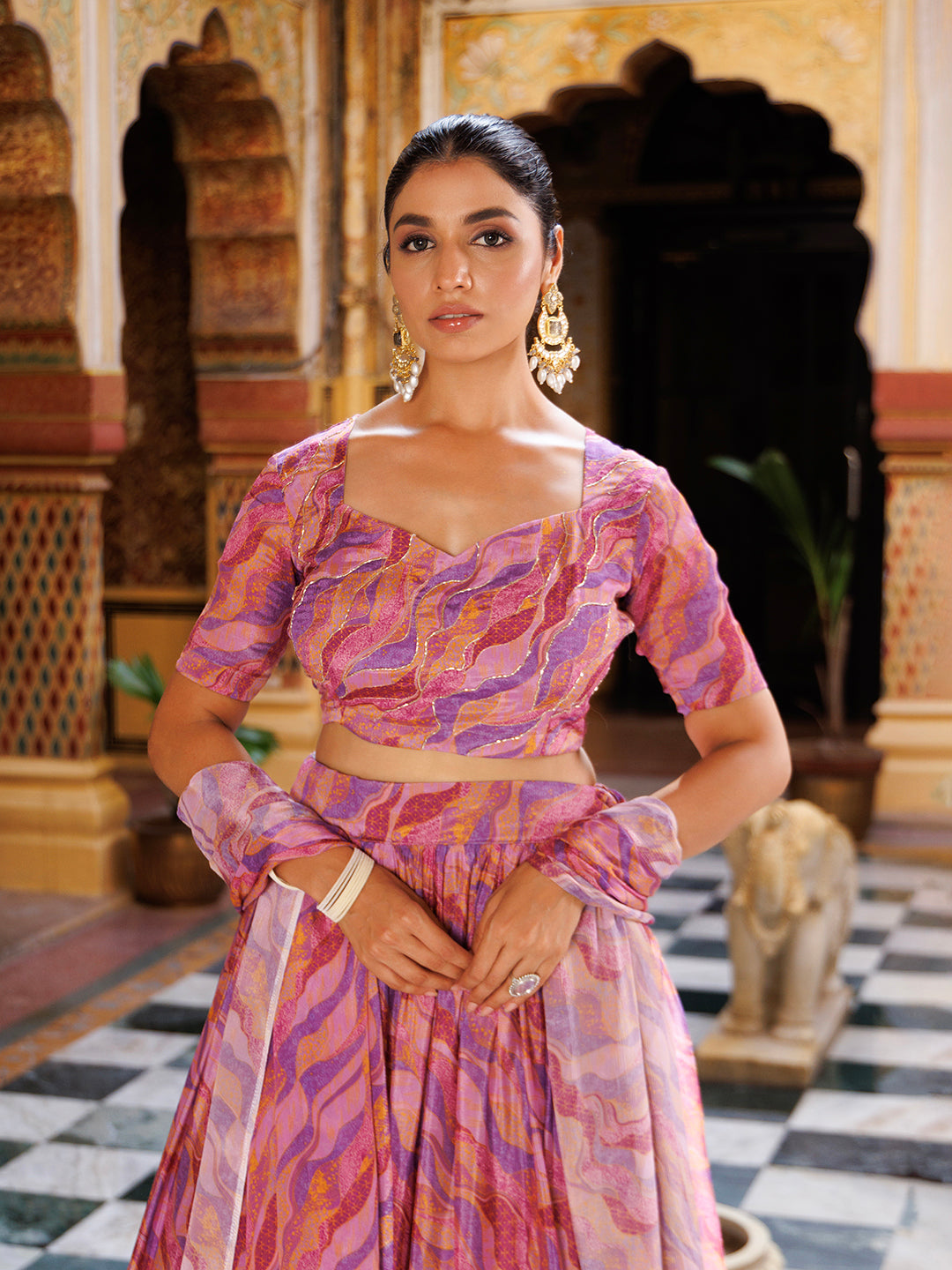 Purple Printed Chinon Lehenga