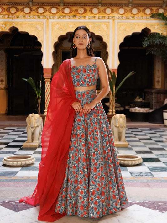Titanium Grey Red Chanderi Lehenga Set - Ragavi