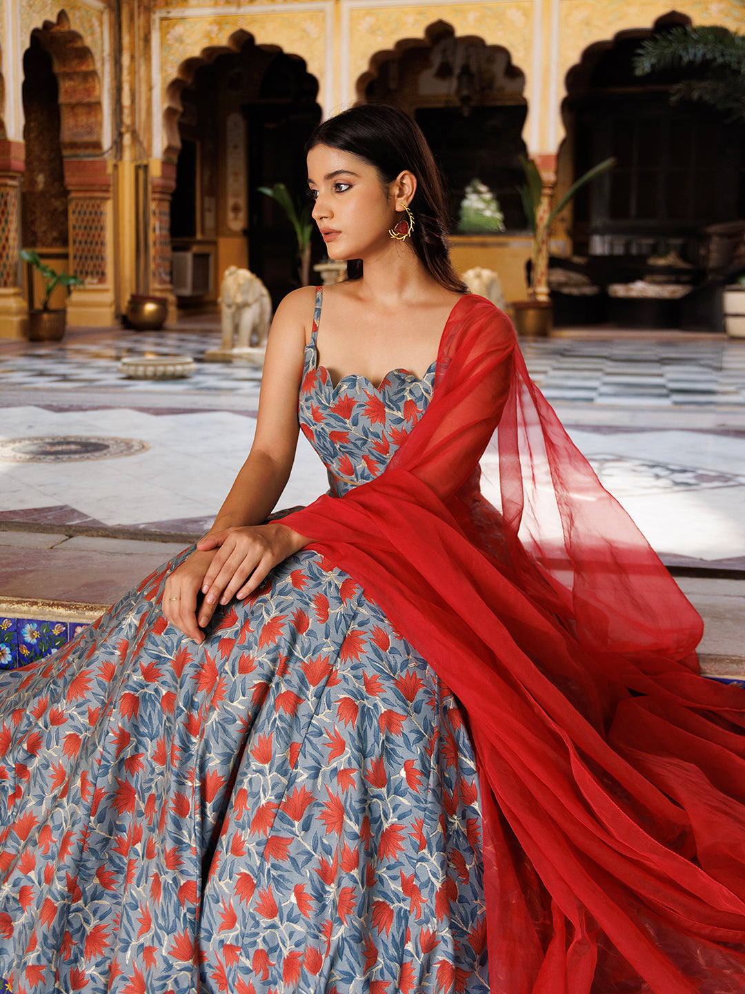 Titanium Grey Red Chanderi Lehenga Set