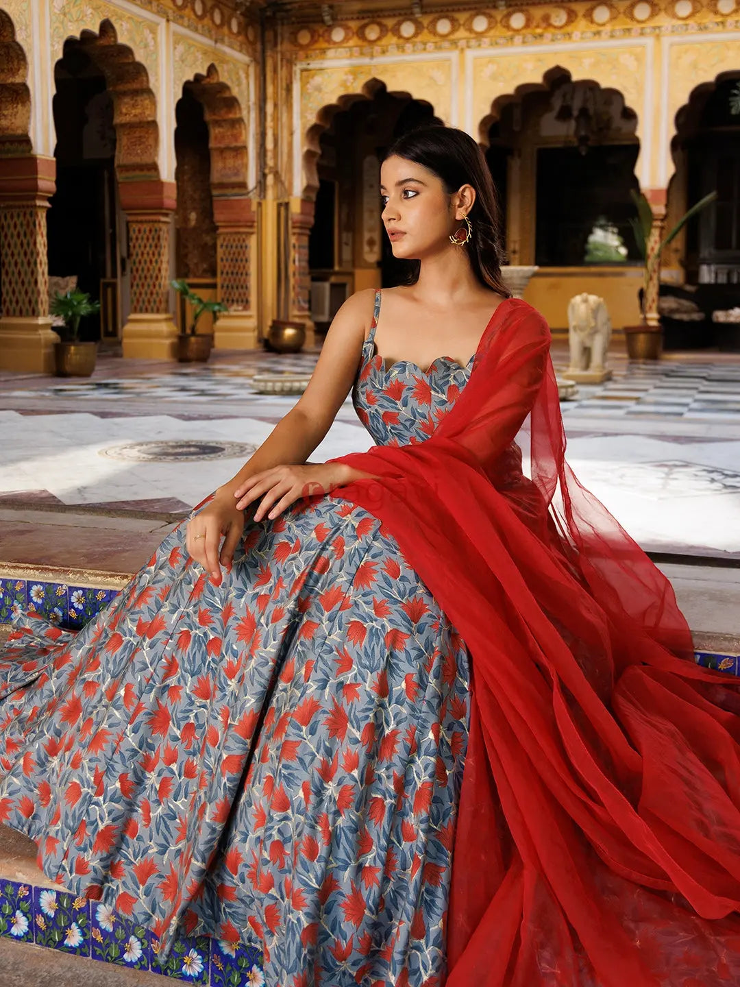 Titanium Grey Red Chanderi Lehenga Set - Ragavi
